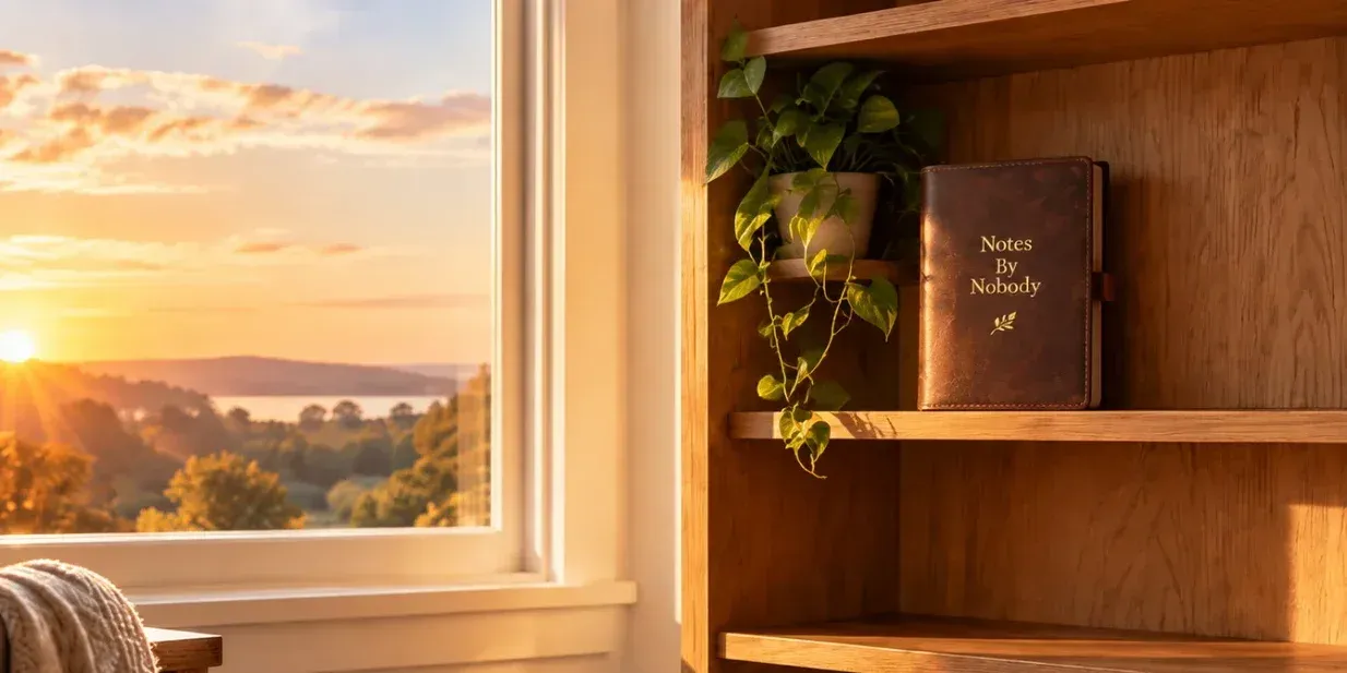 A leatherbound notebook titled "Notes by Nobody" in an empty shelf with a sunset through a window in the background.