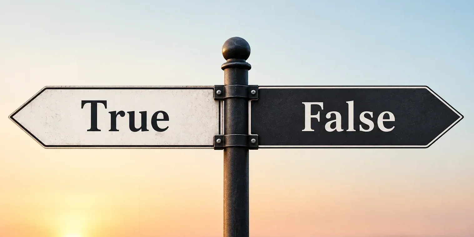 The top of a street sign with a sunset behind it. The two streets in opposite directions read "True" and "False."